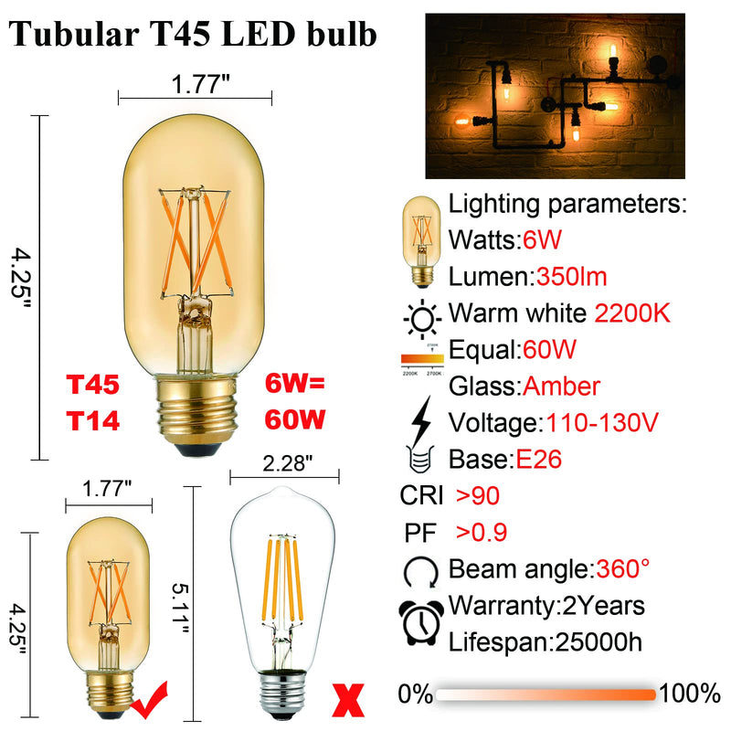 LiteHistory E26 LED Bulb 6W Equivalent E26 Bulb 60 watt Warm White 2200K Amber E26 Edison Bulb dimmable AC120V 400lm Tubular T14 T45 LED Bulb for Pendant, Sputnik,Vanity,Wall sconces Pack of 6 6w=60w 2200k Amber