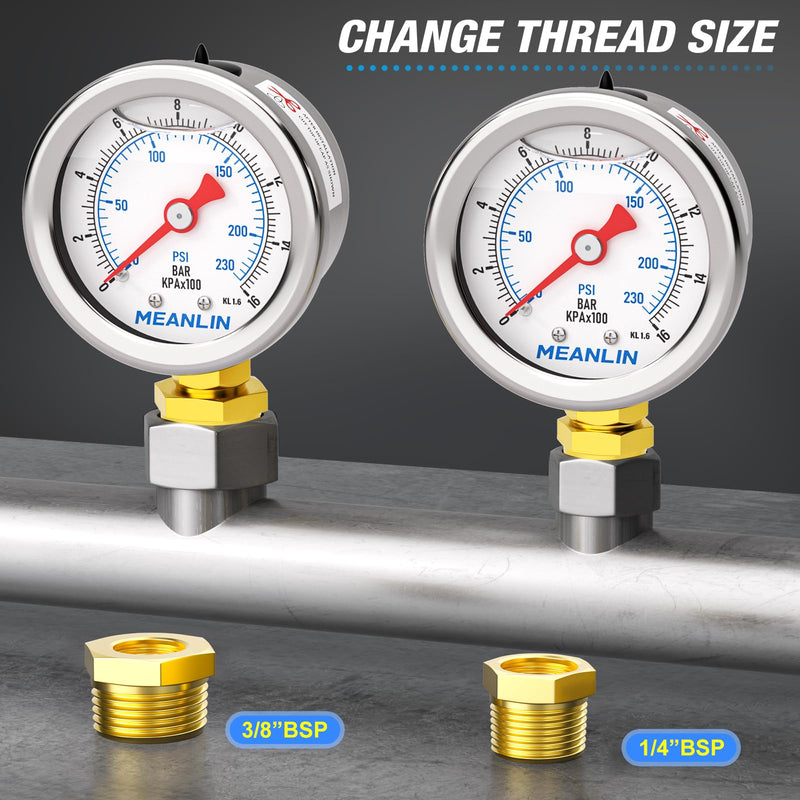 [Australia - AusPower] - MEANLIN MEASURE 0-16BAR/0~230Psi Stainless Steel 1/8" BSP 1.5" Face Dial, Glycerine Filled Pressure Gauge, Liquid Filled, Water Oil Air, Forearm, with 1/8" x 1/4" BSP and 1/8" x 3/8" BSP Hex Socket 0~16BAR/0~230PSI Mounted on the bottom 