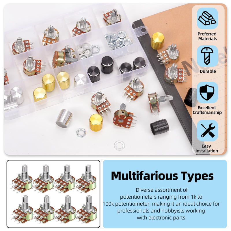 [Australia - AusPower] - Glarks 50pcs WH148 Dual Linear Rotary Taper Potentiometer Kit, 1K 5K 10K 50K 100K 250K 500K 1MK OHM 6 Pins Split Shaft Rotary Linear, Volume Control Potentiometer with Knob 