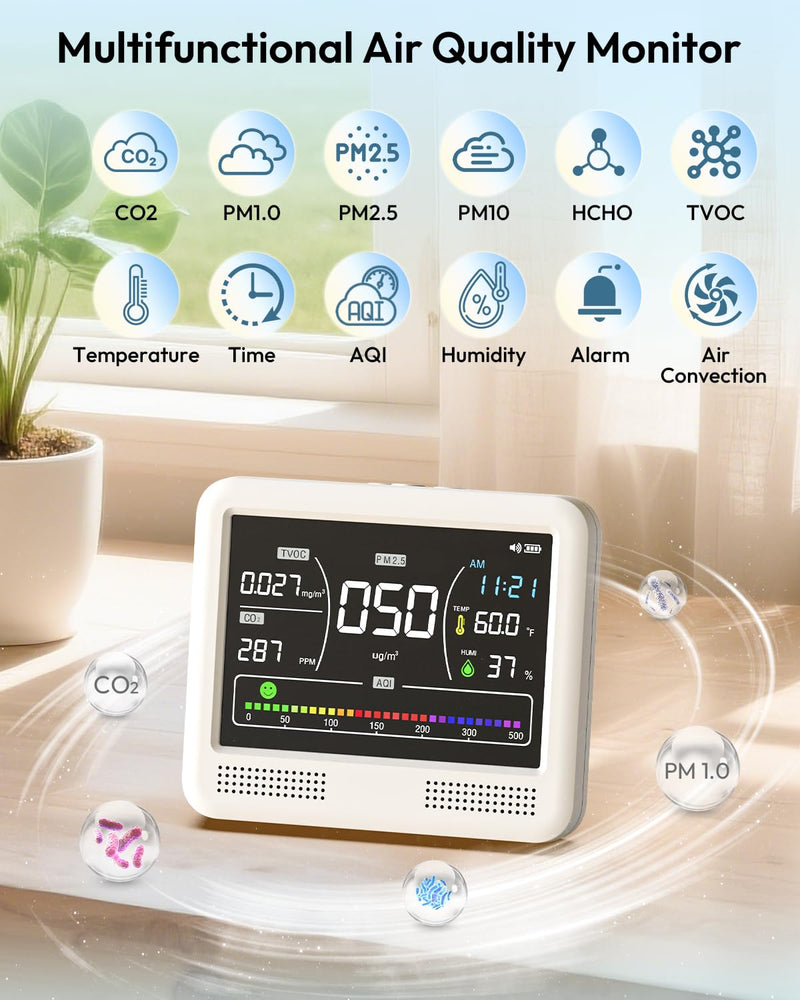 [Australia - AusPower] - Air Quality Monitor Indoor, 16 in 1 Air Quality Tester for CO2 Monitor, TVOC, PM1.0 PM2.5 PM10, HCHO Temperature Humidity & Time, AQI Monitor with Alerts for Home (PureWhite) PureWhite 