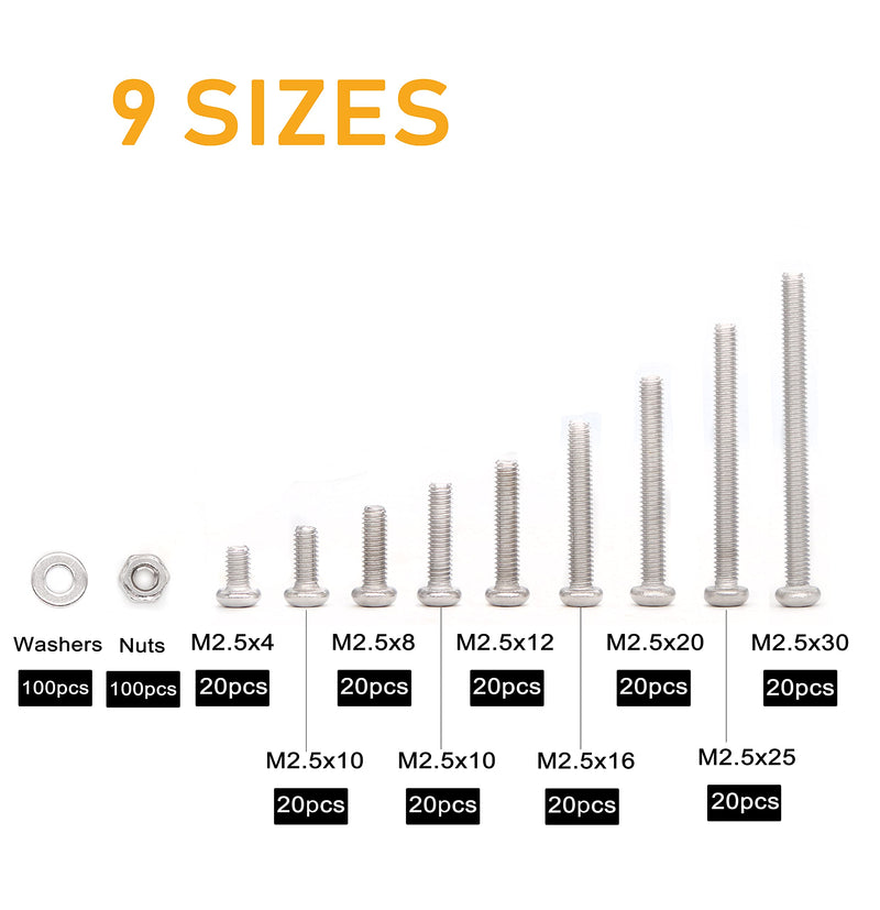 [Australia - AusPower] - binifiMux 430PCS M2.5 Pan Phillips Screws and M2.5 Hex Nuts/Flat Washers Assortment Kit, 304 Stainless Steel, 4mm / 6mm/ 8mm/ 10mm/ 12mm/ 16mm/ 20mm/ 25mm/ 30mm (Pack of 2) m2.5 (Pack of 2) 
