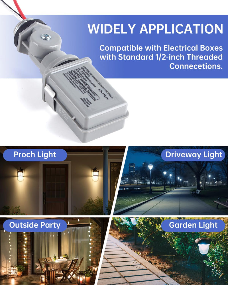 [Australia - AusPower] - 2-Pack Dusk to Dawn Photocell Sensor for Outdoor Lights - 120VAC 1800W/1100VA Rated Load, IP54 Waterproof Auto On/Off Photoelectric Switch with Swivel Mount, UL Certified for Backyard, Parking Lot 