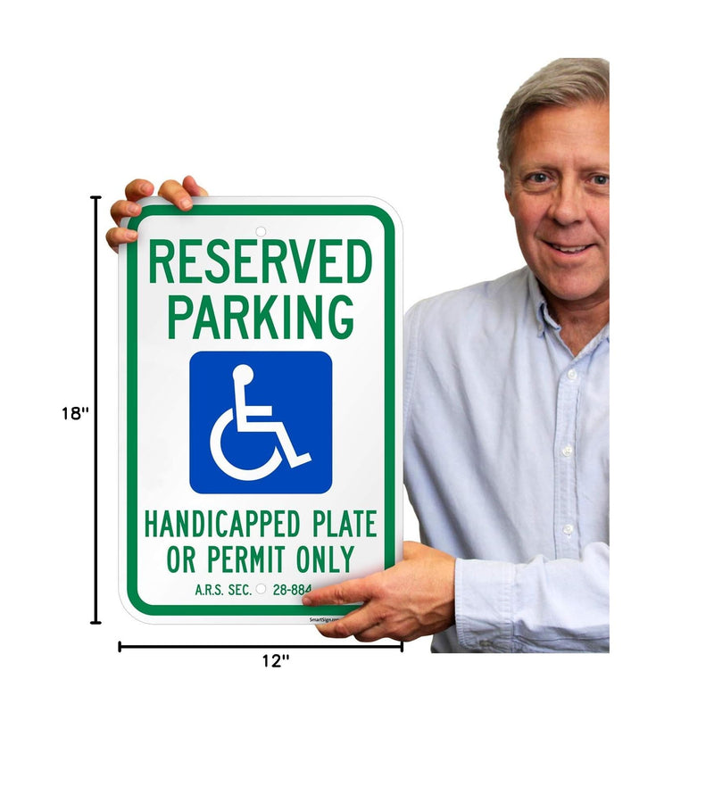 SmartSign 18"x12" Basics 'Reserved Parking Handicapped Plate Or Permit' Official Arizona State Metal Sign, 120 mil Aluminum Composite, Engineer Grade Reflective, Blue, Green/White, USA-Made Reflective Aluminum Composite