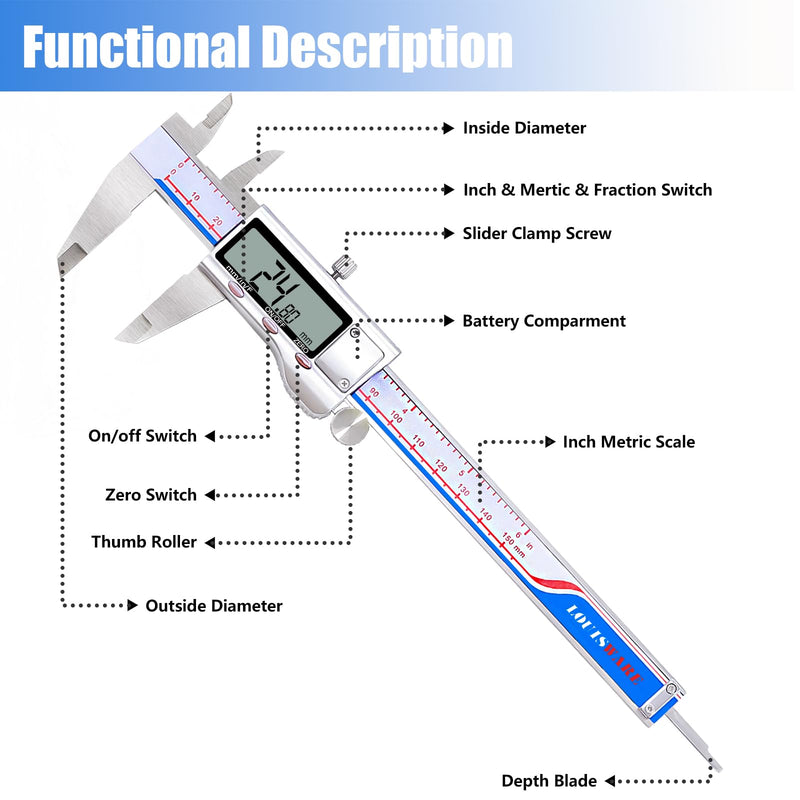 [Australia - AusPower] - Digital Caliper, Vernier Caliper Measuring Tool with Stainless Steel, Electronic Micrometer Caliper with Large LCD Screen, Auto-Off Feature, Easy Switch from Inch Metric Fraction, (6 Inch//150 mm) blue Digital Caliper 
