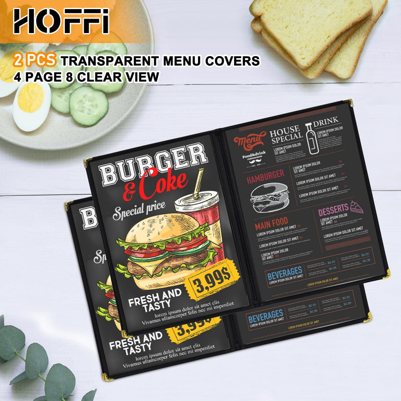 [Australia - AusPower] - Resturant Menu Covers, 2 PCS 4 page 8 view transparent leather Menu Covers 8.5X11 inch, homeschool supplies and restuarnt supplies (Black*2) 