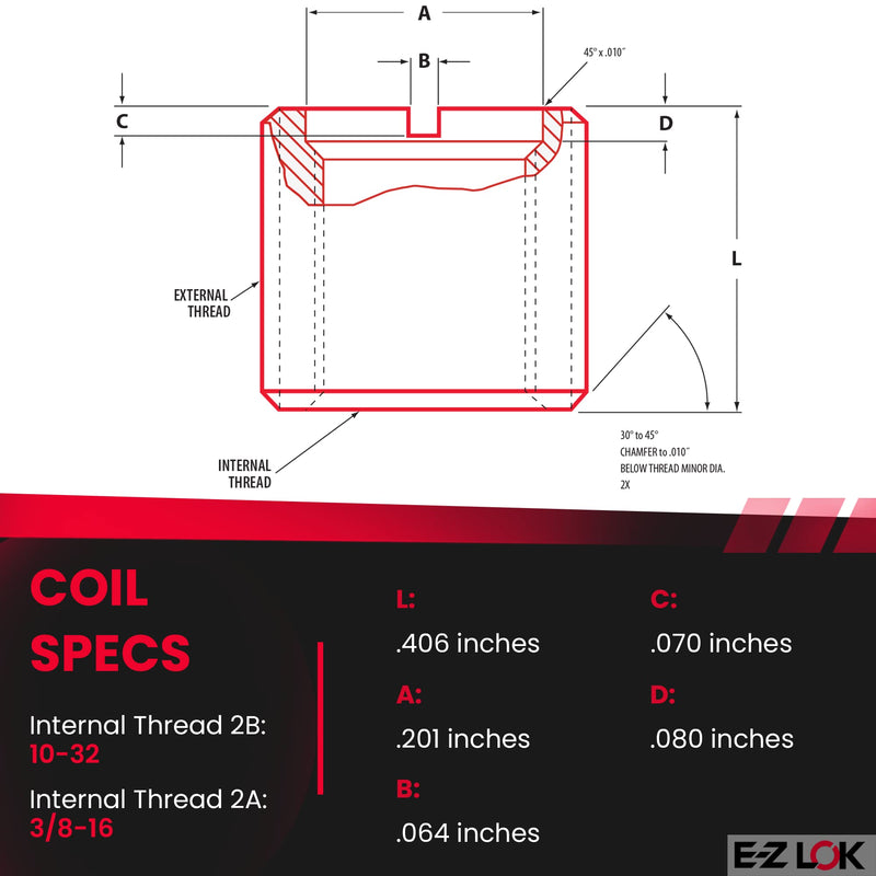 [Australia - AusPower] - E-Z LOK - 303-332 E-Z Lok Externally Threaded Insert, 303 Stainless Steel, #10-32 Internal Threads, 3/8"-16 External Threads, 0.406" Length, Made in US (Pack of 5) #10-32 IT, 3/8"-16 ET, 0.406" L Pack of 5 