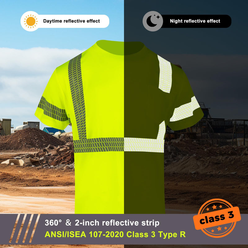 High Visibility Short Sleeve Safety T-Shirts with Reflective Strips for Men Class 3 Hi Vis Construction Work Shirts X-Large Yellow