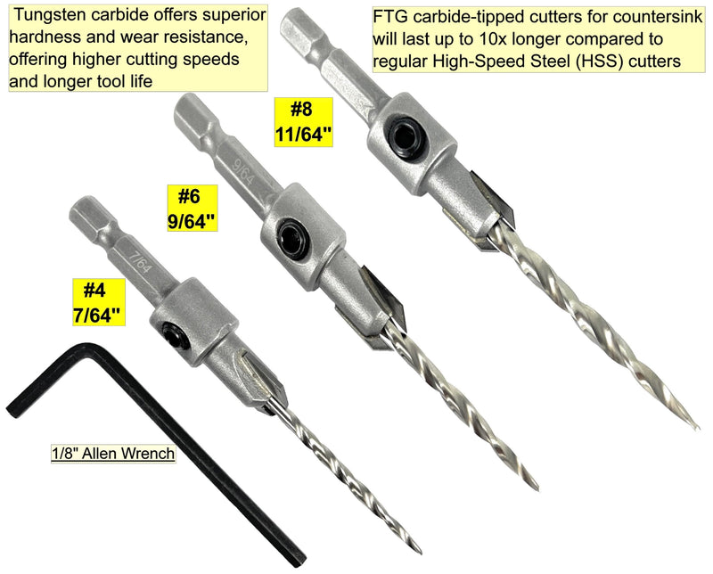 FTG USA 3 Pc #4#6#8 TCT Tapered Bit Wood Countersink Set, Standard Flute | Premium tungsten carbide tipped (TCT) cutter set for clean woodworking. Includes sharp tapered drill bits and an Allen wrench Standard Flute w/o Depth Stop