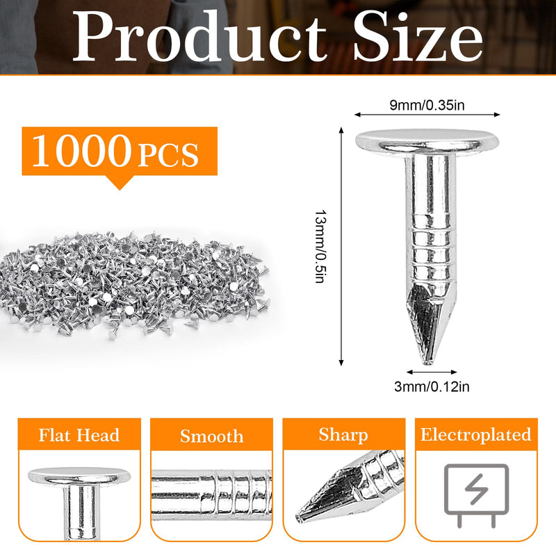[Australia - AusPower] - 1000 Pcs Steel Roofing Felt Nails, 1/2 Inch Roofing Felt Pins, Flat Head Furniture Nails, Broad Head Pins for Shed Roof Roofing Felt Slate Boards 