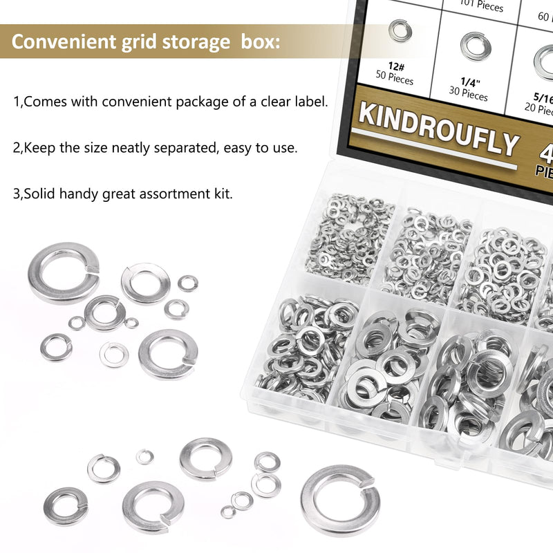 [Australia - AusPower] - 487 Pieces 304 Stainless Steel Lock Washers, Split Lock Washers, Kindroufly 10 Sizes Spring Lock Washers, Lock Metal Washers Assortment Kit, 1/2" 3/8" 5/16" 1/4" 12# 10# 8# 6# 4# 2# 2# to 1/2" Lock Washers, 10 Sizes 