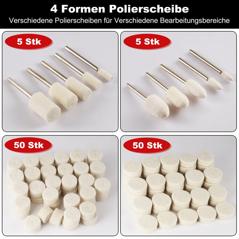 120 Pieces Wool Felt Polishing Disc Set, 4 Shape Polishing Disc | Wollfilz Montierter Dorn Polierset mit 1/8" Polieraufsatz, Wolle Filz Polieraufsatz für Uhren Schmuck Metall Glas Polieren