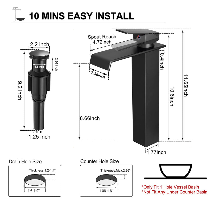 Brass Vessel Sink Faucet Black Waterfall Bathroom Faucet 1 Hole, Tall Bathroom Sink Faucet Single Handle, Modern Bathroom Faucets for Vessel Sinks with Pop Up Drain and Supply Hoses Matte Black