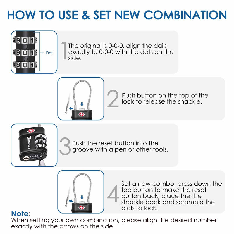 2 Pack TSA Approved Luggage Locks, Combination Travel Cable Lock, 3-Digit Waterproof Padlock, Zinc Alloy Outdoor Keyless Resettable Lock for Travel, Lockers, Bags, Backpack, Gym, Gate-by BRILLIRARE