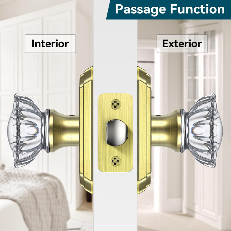 Passage Glass Door Knobs Interior, Brushed Gold Crystal Door Knobs Interior, Gorgeous Gold Crystal Glass Door Knob for Closet and Hall, 1 Pack