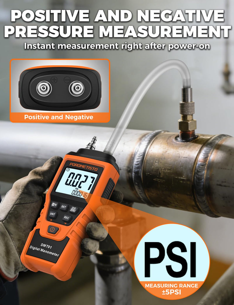 DMT01 Precision Digital Pressure Gauge, ±5 PSI / ±34.47 kPa, 12 Units, HVAC Differential Pressure Gauge, ±0.3% FS, Dual Port Gas Pressure Tester, Backlight, Data Holding, Manual Zero