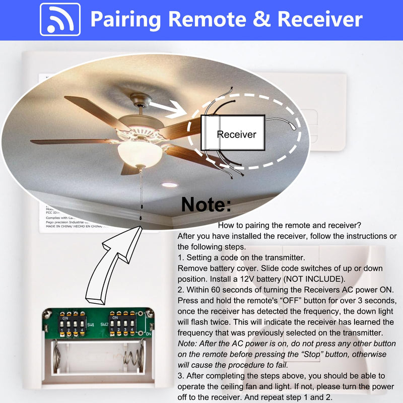 RCS213-A Universal Ceiling Fan Remote Control Kit Replacement for Hand-Held Remote Control System RCS223 RCS223L,w/Remote & Receiver for Most 3-Speed 120V AC Ceiling Fan TR110A RCS213 KUJCE10007 RCS213-A + AC8.3T Kit