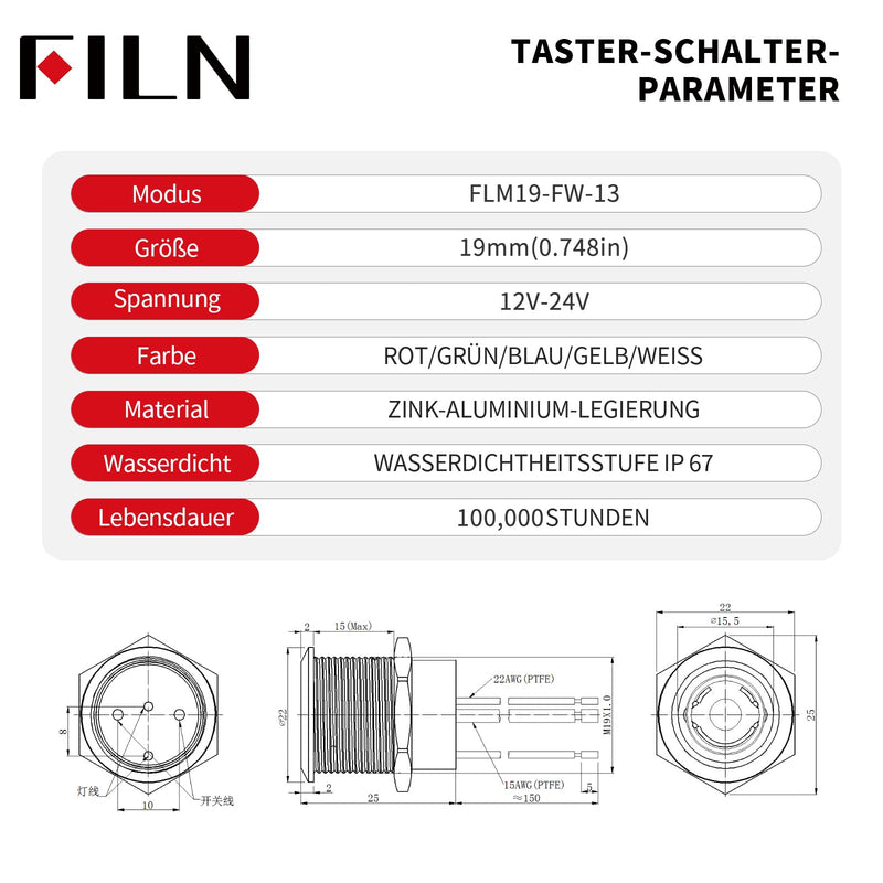 1NO1NC Waterproof 19 mm Switch Push Button 12V-24V Red LED Pack of 2 | Metal pre-wired with cable IP67 pressure switch with 185 interchangeable symbols for car, boat, industry Sperrtaster 19mm