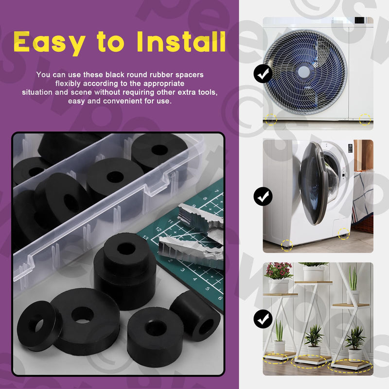 Swpeet 30Pcs 6 Sizes Round Spacer Assortment Kit, 10/12mm Anti Vibration Black Rubber Washers Kit, Neoprene Spacer Multi Purpose Thick Rubber Grommets for Home and Car Accessories Styles NO.3