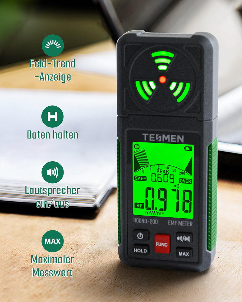 TESMEN HOUND-200 EMF Meter, 3-in-1 Portable Electromagnetic Field Radiation Detector for EF RF MF, WiFi Signal, Used in Home and Outdoor EMF Inspection and Ghost Hunting - Green
