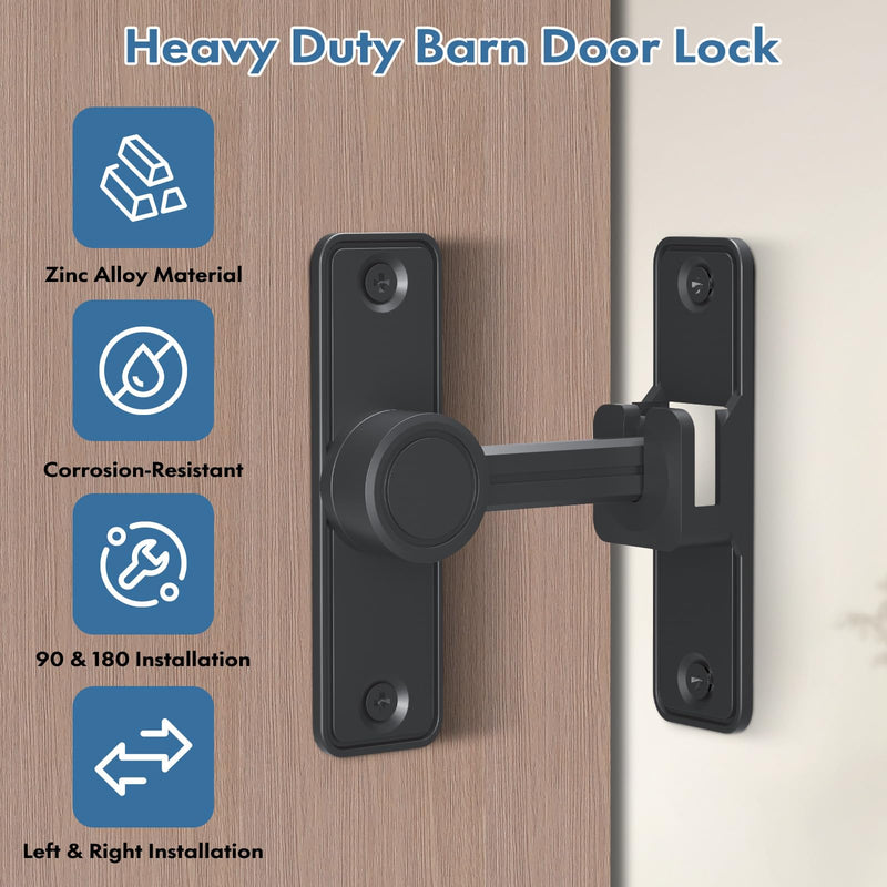 XOOL Barn Door Lock Latch, 90 & 180 Degree Heavy Duty Barn Door Latch, Lock Latch for Door, Garden, Bathroom, Garage, Window, Outdoor, Garage, Barn Black 2PCS