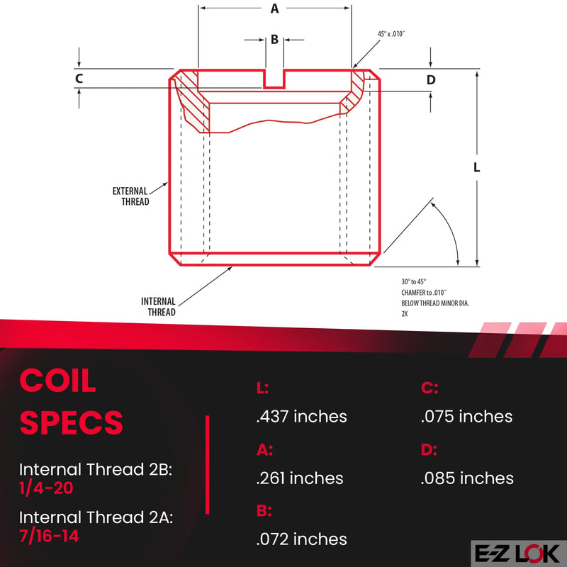 [Australia - AusPower] - E-Z Lok Externally Threaded Insert, C12L14 Carbon Steel, Meets AISI 12L14, 1/4"-20 Internal Threads, 7/16"-14 External Threads, 0.437" Length, Made in US (Pack of 10) 
