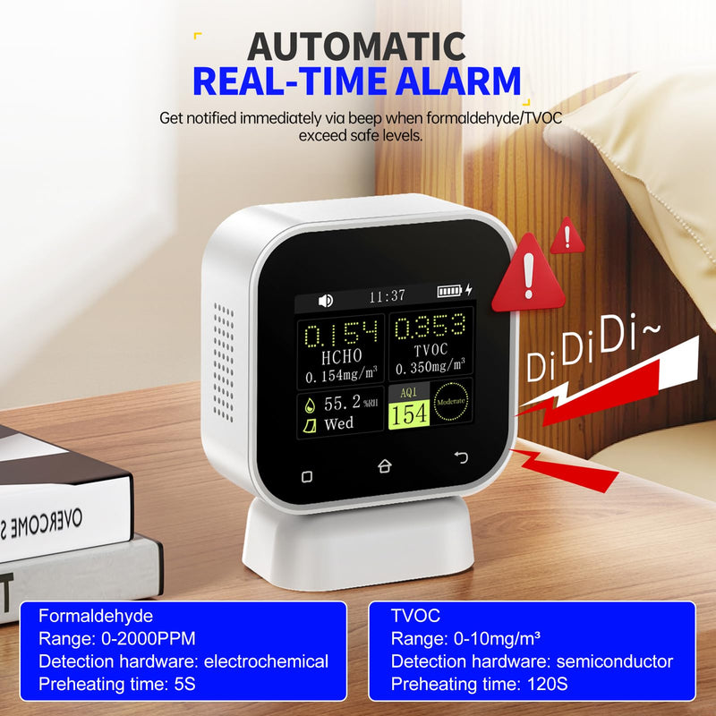 [Australia - AusPower] - 5-in-1 air quality meter, formaldehyde meter, simultaneously measures HCHO TVOC concentration humidity hazard assessment, 2.4 inch touch screen, colour display, automatic warning. 