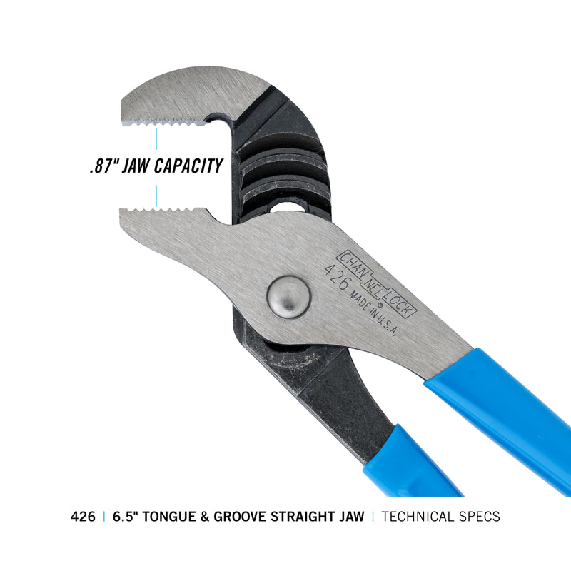 [Australia - AusPower] - Channellock 426 6.5-Inch Straight Jaw Tongue&Groove Pliers|Groove Joint Plier with Comfort Grips|0.87-Inch Jaw Capacity|Laser Heat-Treated 90░ Teeth|Forged High Carbon Steel,Black,Blue,Silver 