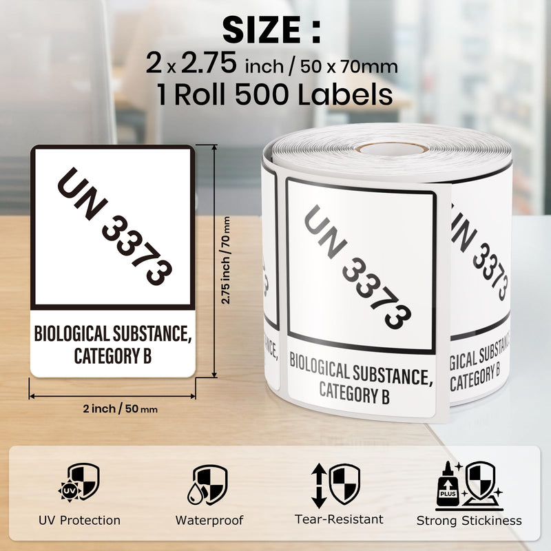 500 PCS UN 3373 Labels 2.75 x 2 Inches Biological Substance Category B Warning Label Stickers
