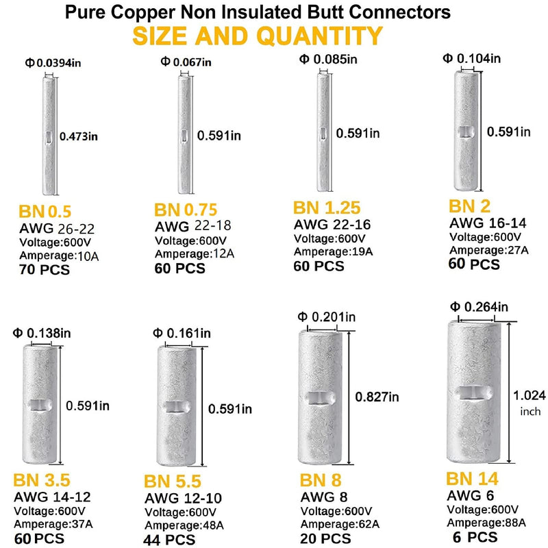 [Australia - AusPower] - 380 PCS Non Insulated Butt Connectors Kit,Butt Splice Connectors,Non-Insulated Wire Connectors for 26 to 6 gauge Wire Marine Grade Tinned Copper Crimp Butt Splice Uninsulated Butt Terminals 6-26 AWG Assortment Kit-380pcs 