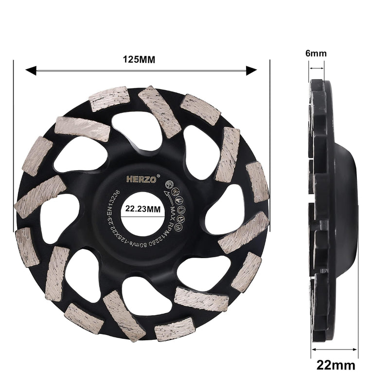 [Australia - AusPower] - HERZO Concrete Grinding Wheel 125 mm x 22.2 mm, Cup Wheel 125 Concrete, Diamond Cup Wheel for Concrete, Natural Stone, Tile Adhesive, Granite & Masonry HSO50E-125 
