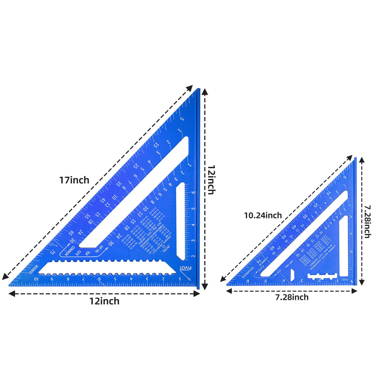 Beslands Aluminum 12 inch & 7 inch Rafter Square Carpenter Set Measuring Layout Tool Alloy Metal Triangle Ruler Protractor for Woodworking and Carpentry Imperial, Blue 7" + 12" - Set
