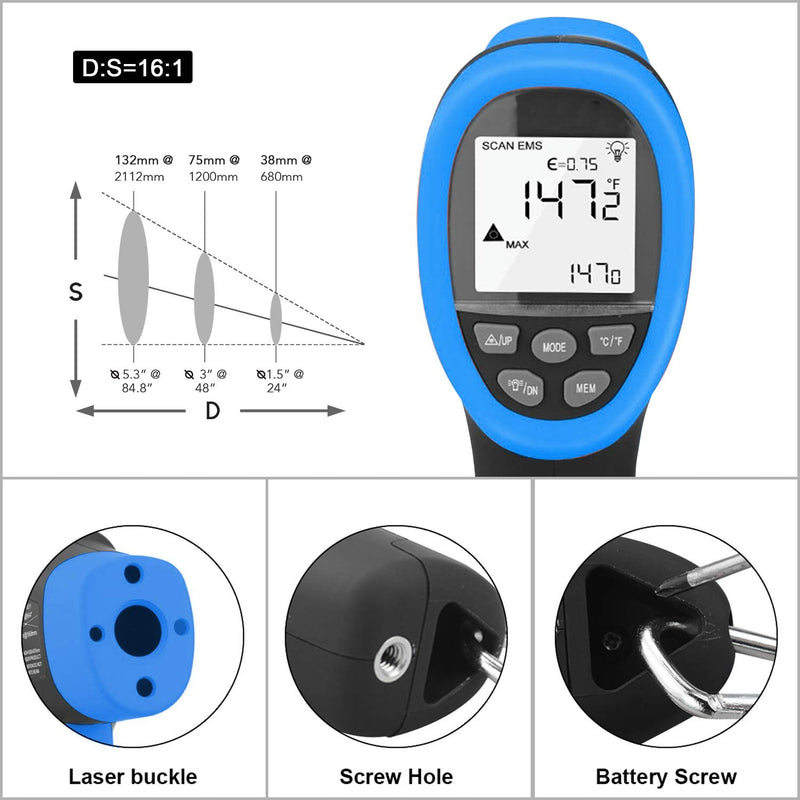 BTMETER BT-985B Laser Temp Gun Pyrometer, -58~2480℉(-50~1360℃) High Temperature Meter, 16:1 Distance Spot Ratio Industrial Infrared Thermometer Tester for Furnace, Smelting (NOT for Human Temp) BT-985B(-58 ℉ to 2480 ℉)