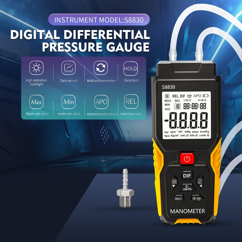 [Australia - AusPower] - Dual-Port Manometer with Storage Box,36.8kPa/147.7inH2O Air Pressure Meter,HVAC Digital Manometer Gas Pressure Tester,11 Selectable Units,Positive/Negative Pressure/Differential Pressure Gauge 