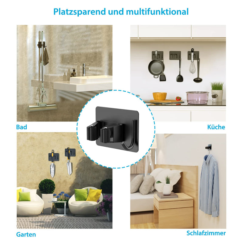 Homeasy Wall Broom Holder 4 Pieces Stainless Steel No Drilling Black | 4 self-adhesive holders for brooms and mops on smooth walls without drilling.