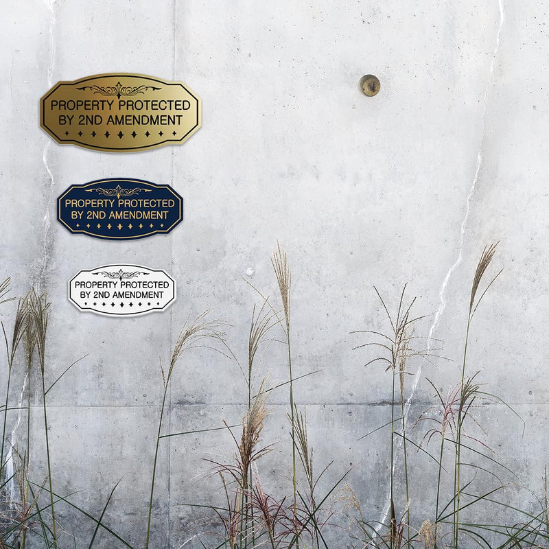 Victorian Property Protected By 2nd Amendment Sign - Easy Installation | Durable Wall or Door (Black Gold) - Large (2 Pack) 5 x 10" - Large (2 Pack) Black Gold