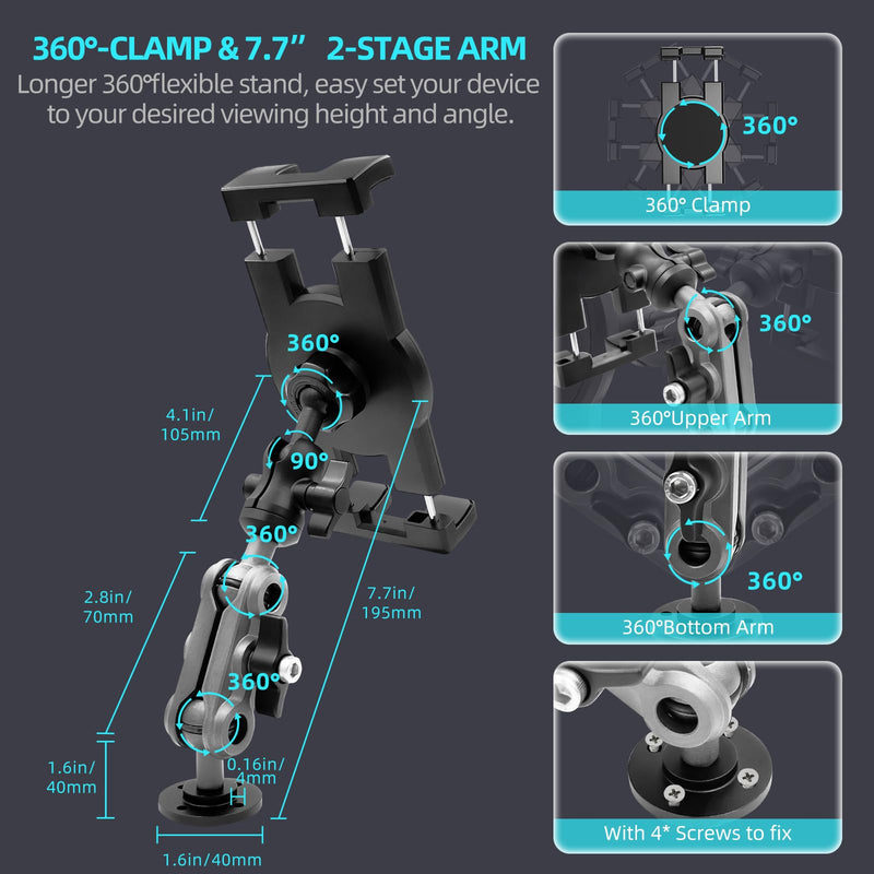 [Australia - AusPower] - Aluminum Heavy Duty Drill Base Tablet Holder Car Mount Dashboard, 360° Adjustable 2-Stage Stand for 4.7-12.9" iPad Pro/Air/Mini/Samsung Galaxy Tab, for Car Truck Wall Desk Commercial Vehicle 