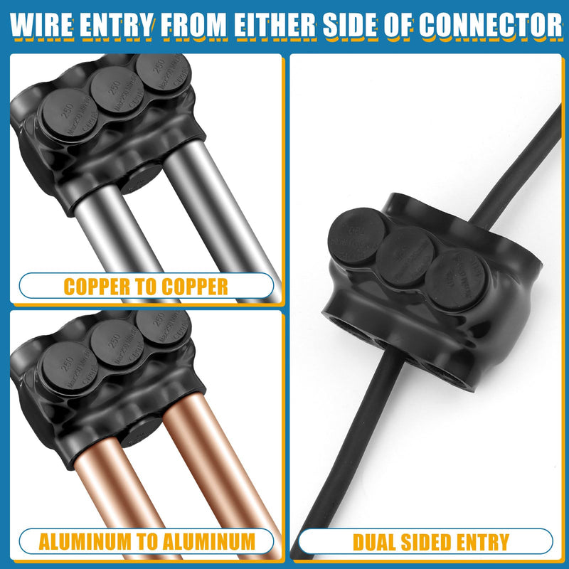 Copkim 3 Pcs Insulated 3 Port Wire Cable Connector 250 MCM-6 Awg Wire Multi Tap 3/8" Hex Screw Dual Sided Entry Interconnect Terminals Pre Filled with Oxide Inhibitor for Copper Aluminum Electrical 3.11'' x 2.37'' x 2''