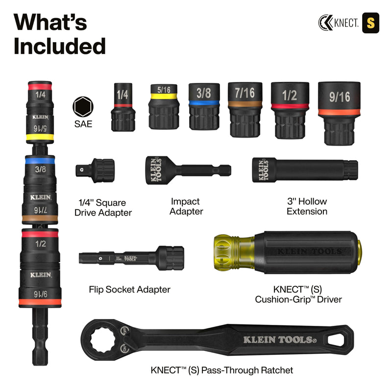 Klein Tools 65301KNECT Impact Socket Set, KNECT (S) 23-Piece SAE Pass-Through and Flip Socket Tool Set, Impact Driver Adapter, MODbox Tool Organization 23-Piece Set