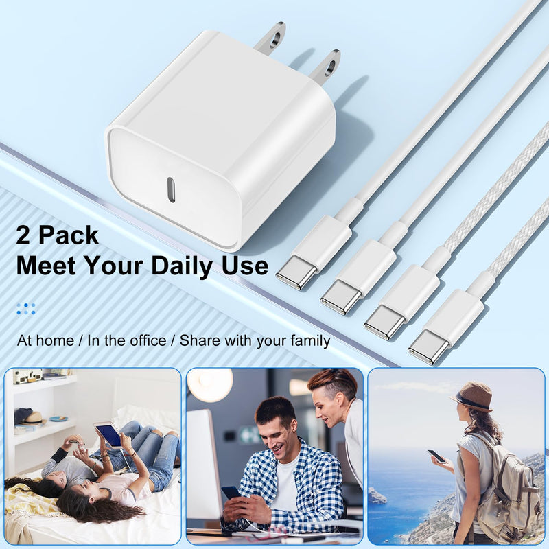 [Australia - AusPower] - for iPhone 15 Charger Fast Charging, 2Pack 6FT USB C to USB C Nylon Braided Cable with 20W Type C Rapid Charging Block for iPhone 15 Plus/15 Pro Max, iPad Pro 12.9/11 inch/4/3th/Air/Mini White 2Pack 6Feet 