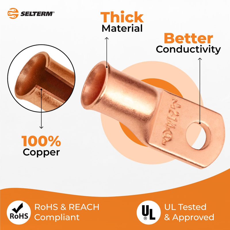 [Australia - AusPower] - SELTERM 10pcs 2 AWG - 1/4" Stud - Battery Lugs, Heavy Duty Wire Lugs, Ring Terminals, Battery Cable Ends,2 Gauge Terminals, UL Bare Copper Eyelets Electrical Battery Terminal Connectors 2 Awg - 1/4" (M6) Ring Bare Copper Lugs 10 