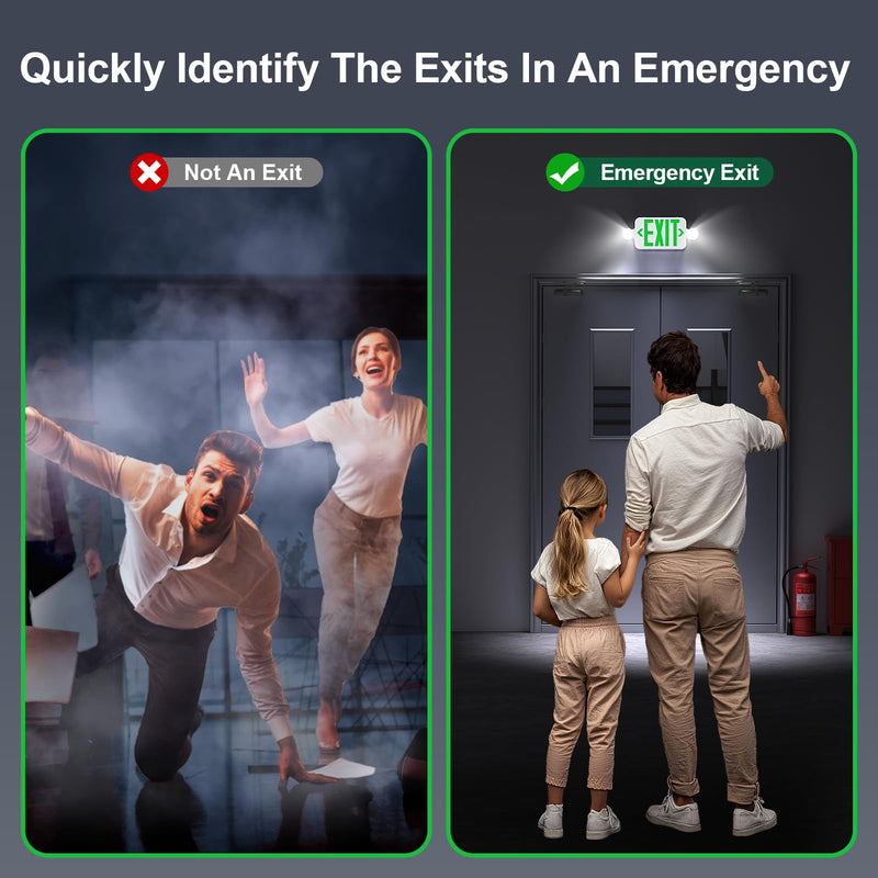 Led Exit Sign Emergency Light Combo Adjustable Two Head,Double Sided and Battery Backup Exit Light,Green Letter Hardwired Emergency Exit Sign,AC 120/277V,UL Listed,Ceiling&Wall Mount (1 Pack) 1 Pack