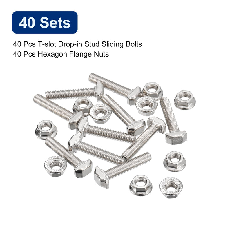 [Australia - AusPower] - uxcell M5x25mm T Slot Drop-in Bolt and M5 Hexagon Flange Nut Set, 40 Sets Hammer Head T-Bolt T Shape Stud Sliding Screw for 20 Series Aluminum Profile 