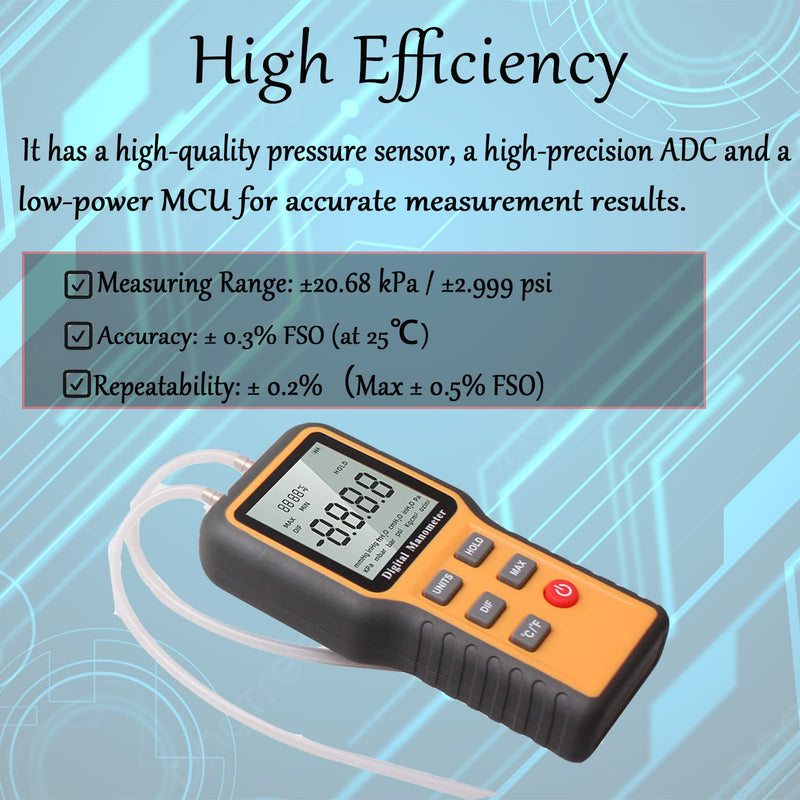 Digital Manometer Professional Air Pressure Meter, Dual-Port Gas Pressure Tester Handheld HVAC Manometer 12 Selectable Units Differential Pressure Gauge with Battery & Backlight