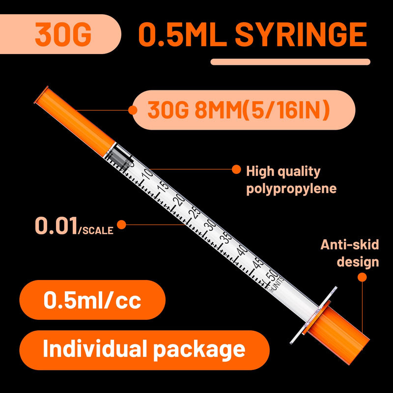[Australia - AusPower] - 0.5ml 30 Gauge 5/16 Inch Syringe, U-100 0.5cc 30G 8mm Lab Syringes Individually Wrapped, Pack of 25 