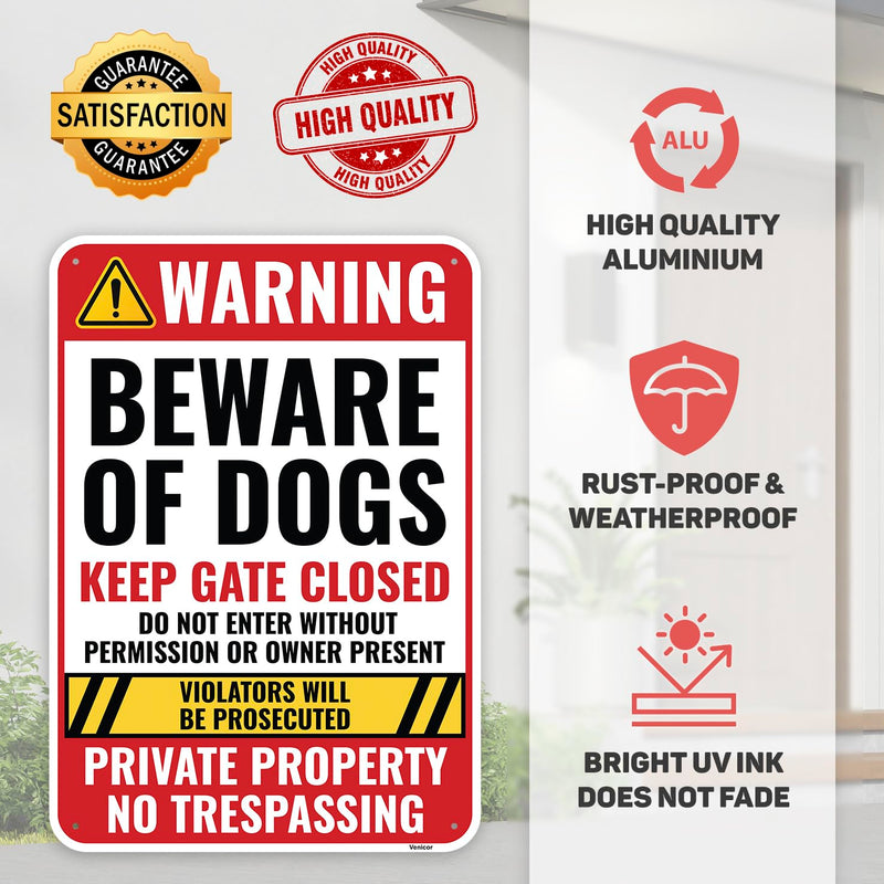1PC Beware of Dog Sign, 10 x 7 Inches - Aluminum - Guard Dogs On Premises Warning Signs For Fence No Trespassing