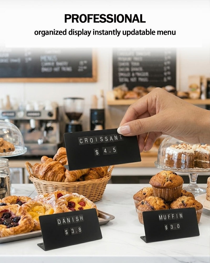 Mini Magnetic Letter Display Signs, Chalkboard-Style Reusable Food Price Labels, Durable Metal Kit with 6 Boards, 450 Magnetic Characters for Bakery, Café, Dessert Shop, Deli & Catering Use Black Board 12 Board + 4 Letter Sheet