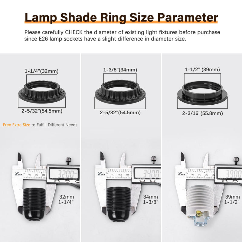 DiCUNO Lamp Shade Rings, E26 Light Socket Collar Ring, Black Threaded Reducer 1-3/8 Inches (34mm) and 1-1/2 Inch (39mm), Hanging Lamp Holder Parts, (34mm * 2pcs; 39mm * 2pcs) 1-3/8" and 1-1/2" Black