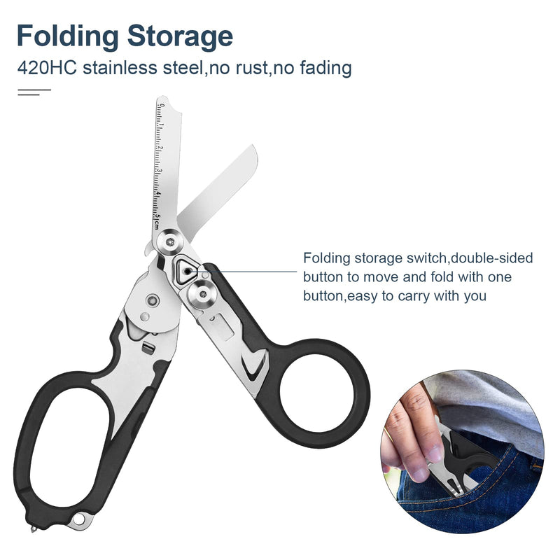 [Australia - AusPower] - 6 In1 Multifunction Emergency Response Shears, Stainless Steel Foldable Trauma Shears with Strap Cutter and Glass Breaker,Medical Scissors with Holster and Penlight 