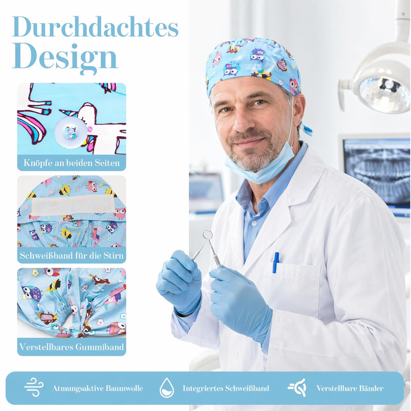 Scettar Pack of 3 Surgical Caps, Adjustable Work Cap with Buttons and Sweatband, Unisex Cotton Nurse Cap in Cartoon Style for Doctors, Nurses, Surgical Staff and Laboratory Bright colors