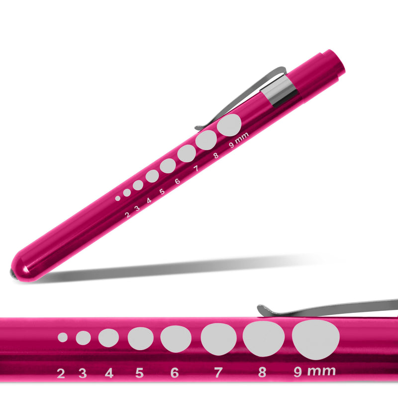 Pulox Diagnostic Light Pink LED Penlight with Measuring Scale + Batteries | Medical pupil light made of aluminium, diagnostic pen lamp for practice, clinic and training
